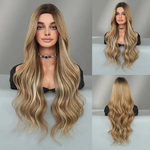 PARK YUN Long Curly Light Brown Wig for Women Daily Party Cosplay Highlight Blonde Synthetic Loose Body Curly Wigs with Bangs