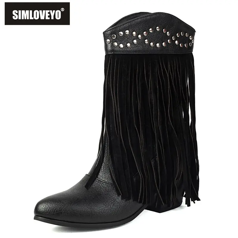 

SIMLOVEYO 2025 Женские сапоги до середины икры с бахромой и круглым носком на блочном каблуке 5 см, большой размер 41 42 43 Кристалл Стильная обувь для свиданий