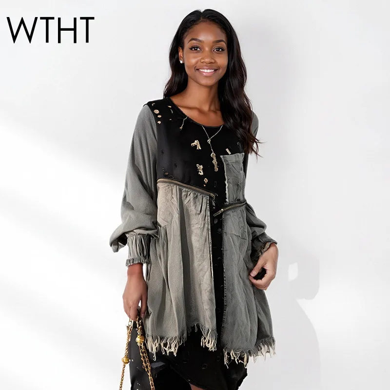 WTHT Fashion 2025 Autumn Women's Hole Irregular Spliced Contrast Color T-shirts Vintage Casual Long Sleeves Tops Female 1LS2384