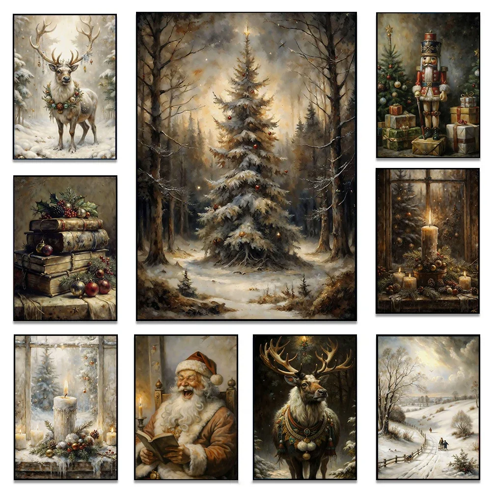 Vintage Urlaub Weihnachten Santa Claus Kerze Hirsch Kiefer Winter Landschaft Poster Leinwand Malerei Wand Kunst Bilder Home De