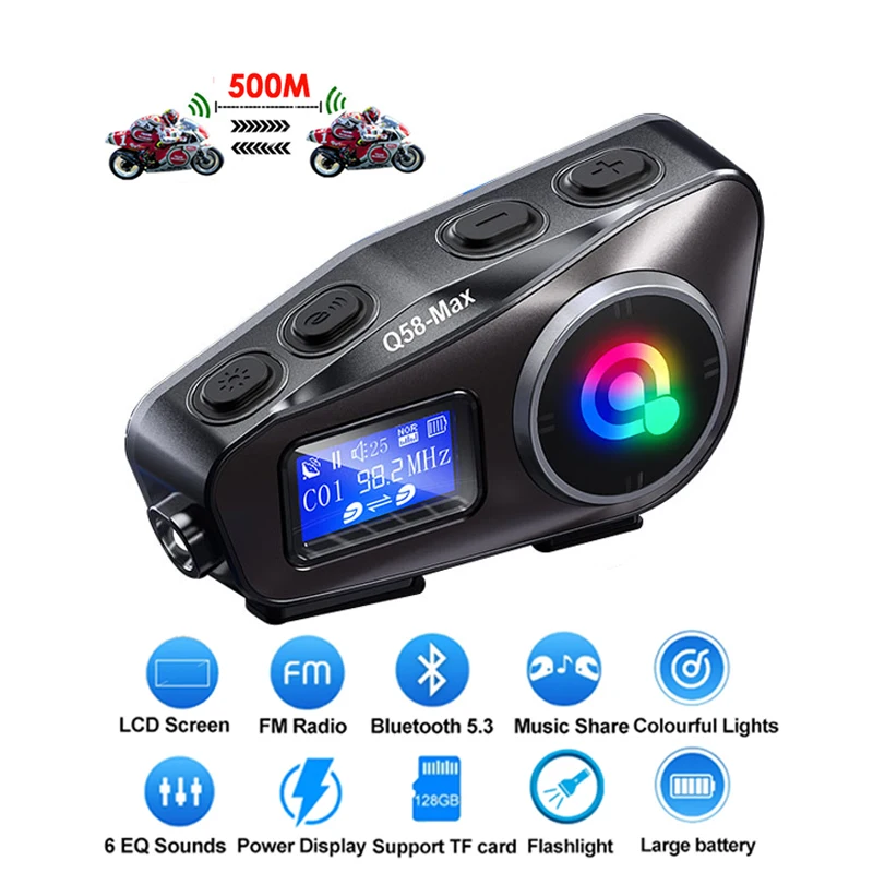 LCD FM Bluetooth 5.3 Motorcycle Intercom Helmet Headset 500m Interphone 1000mah Music Sharing TF Card Aux For Riding Skiing