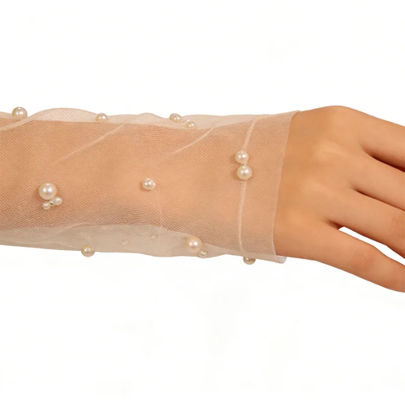 Women Mesh Lace Bridal Gown Mittens Pearl Long Wedding Bridal Gloves Banquet Fingerless Gloves Party Accessories
