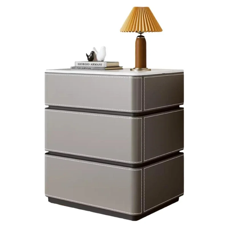 Italian minimalist saddle leather bedside table light luxury solid wood rock slab side cabinet high-end designer simple