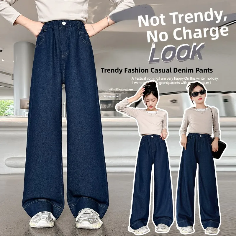 

Deep Blue Straight Leg Wide Leg Jeans Elastic Waist for Girls Spring Autumn Middle School Students Big Kids Cotton Denim Pants