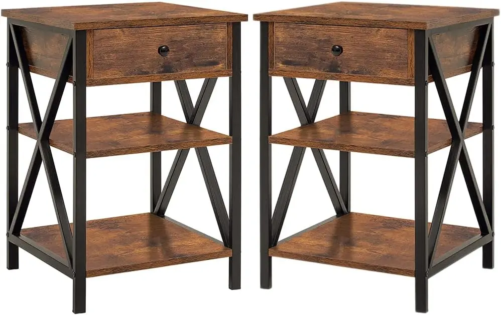 

Nightstand , , End with Drawer & 2 Shelves, Bedside for Bedroom, Living Room, Small Space, Rustic Brown Black nightstand