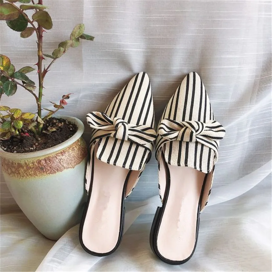 Kobieta moda Bowknot paski Muller buty szpiczasty nosek letnie kwadratowe wysokie obcasy klapki damskie kobiece rozrywka klapki 34-42