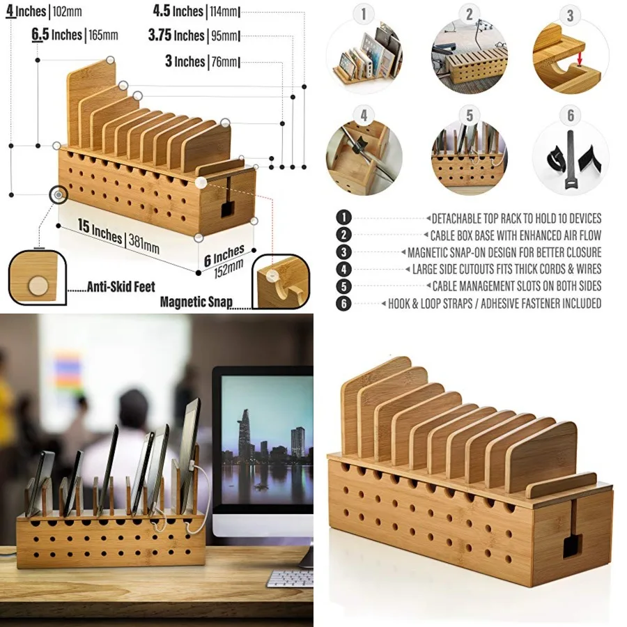 

Multi Device Charging Station - Bamboo Charging Dock and Cord Organizer for 10 Devices - Bamboo Desk Organizer Rack with Cable