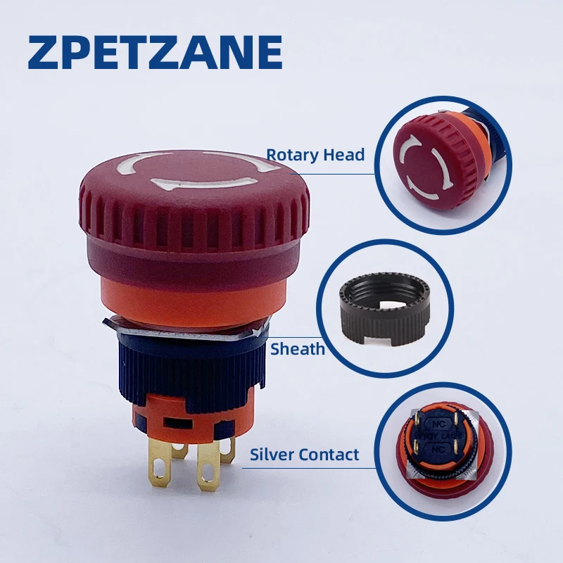 Picture 3: 16mm Mounting Emergency Stop Rotary Button Switch 2NC Two Normally Closed Mini Four Foot Mushroom Stop