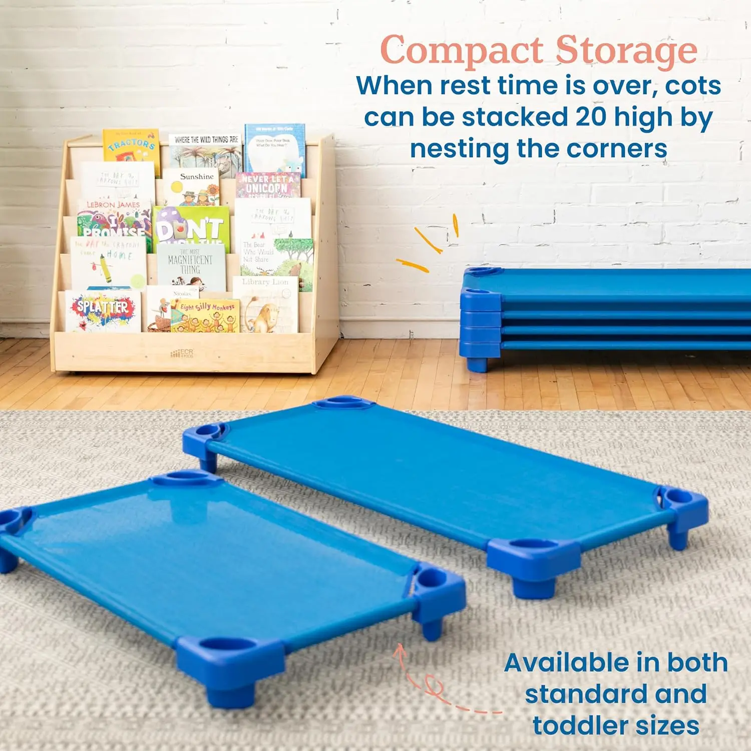 Stackable Kiddie Cot, Ready-To-Assemble, Toddler Size, Classroom Furniture, Blue, 6-Pack