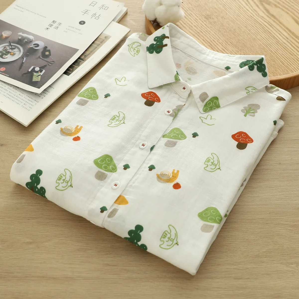 جديد 2025 قميص خريفي بأكمام طويلة من غزل القطن ، طباعة ياقة مقلوبة للسيدات ، بلوزة فضفاضة لطيفة لتخفيض العمر لفتاة موري T59625CC