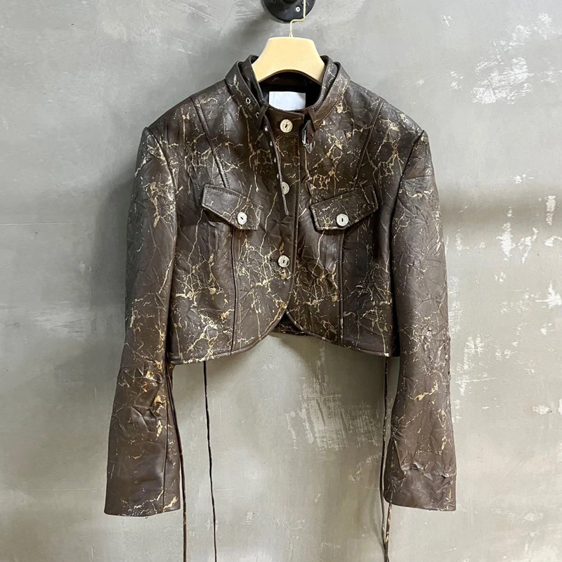 Fashion Design Women Imported Lambskin Short Jackets Retro Distress Tie-dye Stand Collar Moto&Biker Real Leather Jackets Femme