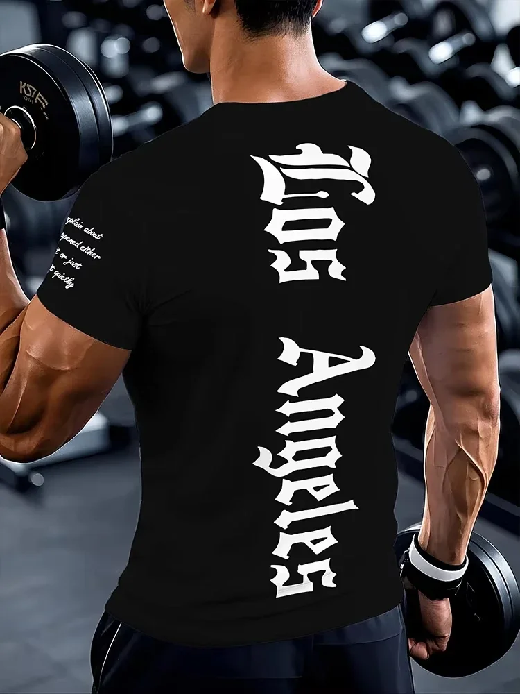 European and American Men's Summer Muscle Fitness Letter Print Micro Elastic Breathable Round Neck T-Shirt Outdoor Sports Top