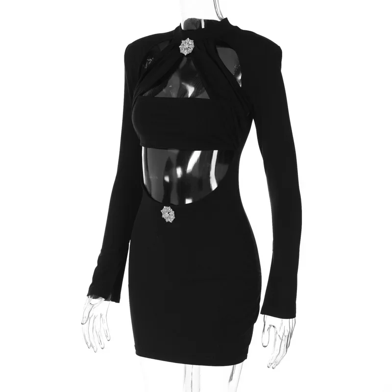 Rhinestone Diamonds Button Bodycon Mini Dress Women Elegant Sexy Hollow Out Long Sleeve Slim Party Clubwear Birthday Outfits