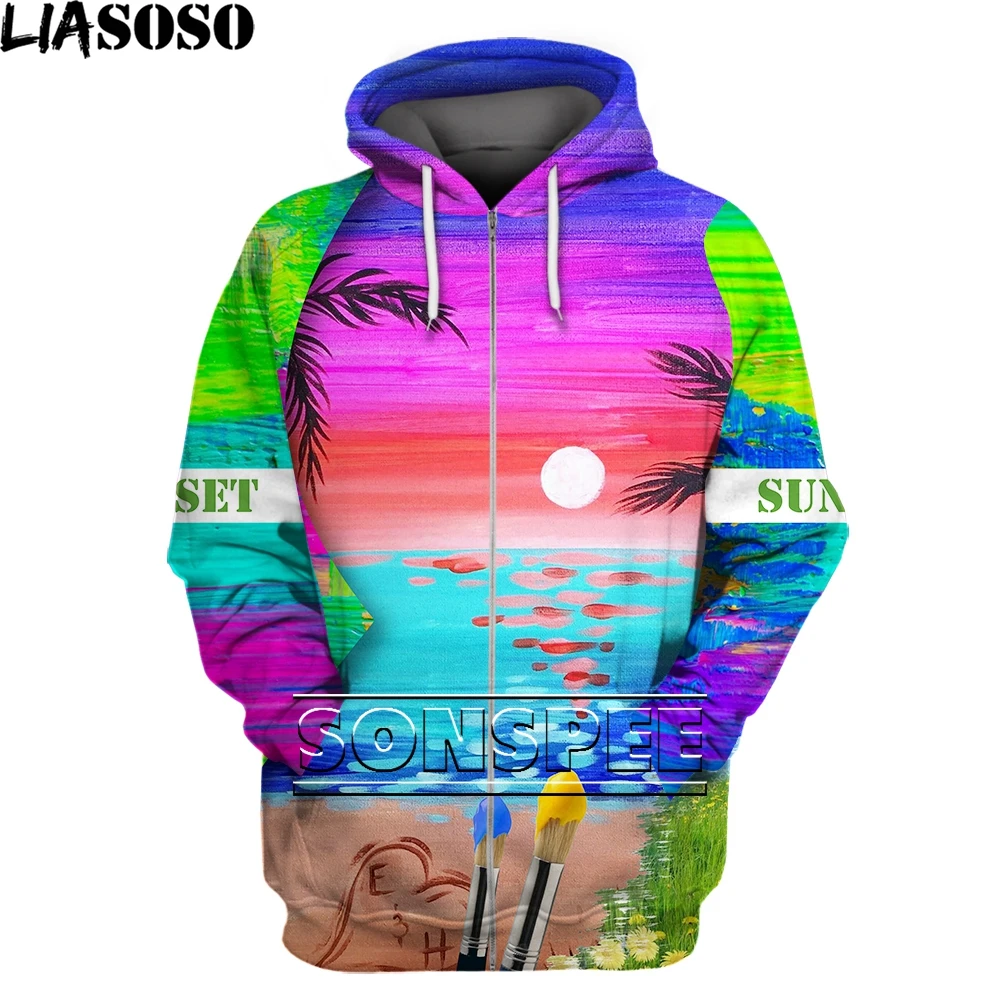 

LIASOSO Sunset Hawaii Tropical 3D Printed Women Men Art Hooded Pullover Hoodie Sweatshirt Casual Zip Jacket Trend Harajuku Top