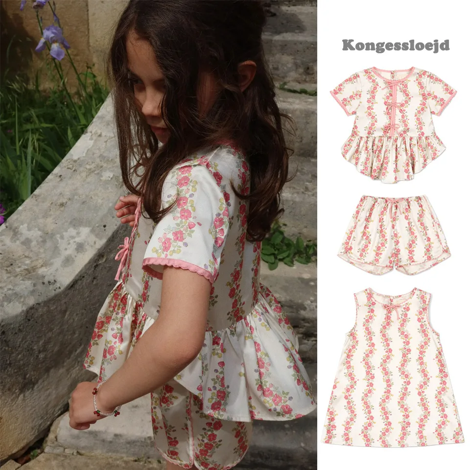 2025 Summer New Children's Clothing Flower Vine Series Dress Girls Cute Versatile Atmospheric Short Sleeved Lotus Leaf Pendulum
