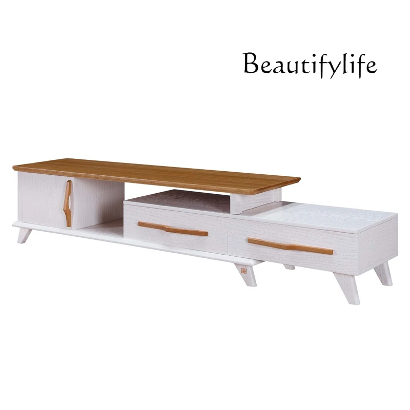 

Pure Solid Wood Retractable TV Stand Nordic Modern Minimalist Red Oak Logs Floor Cabinet White Embossed Furniture