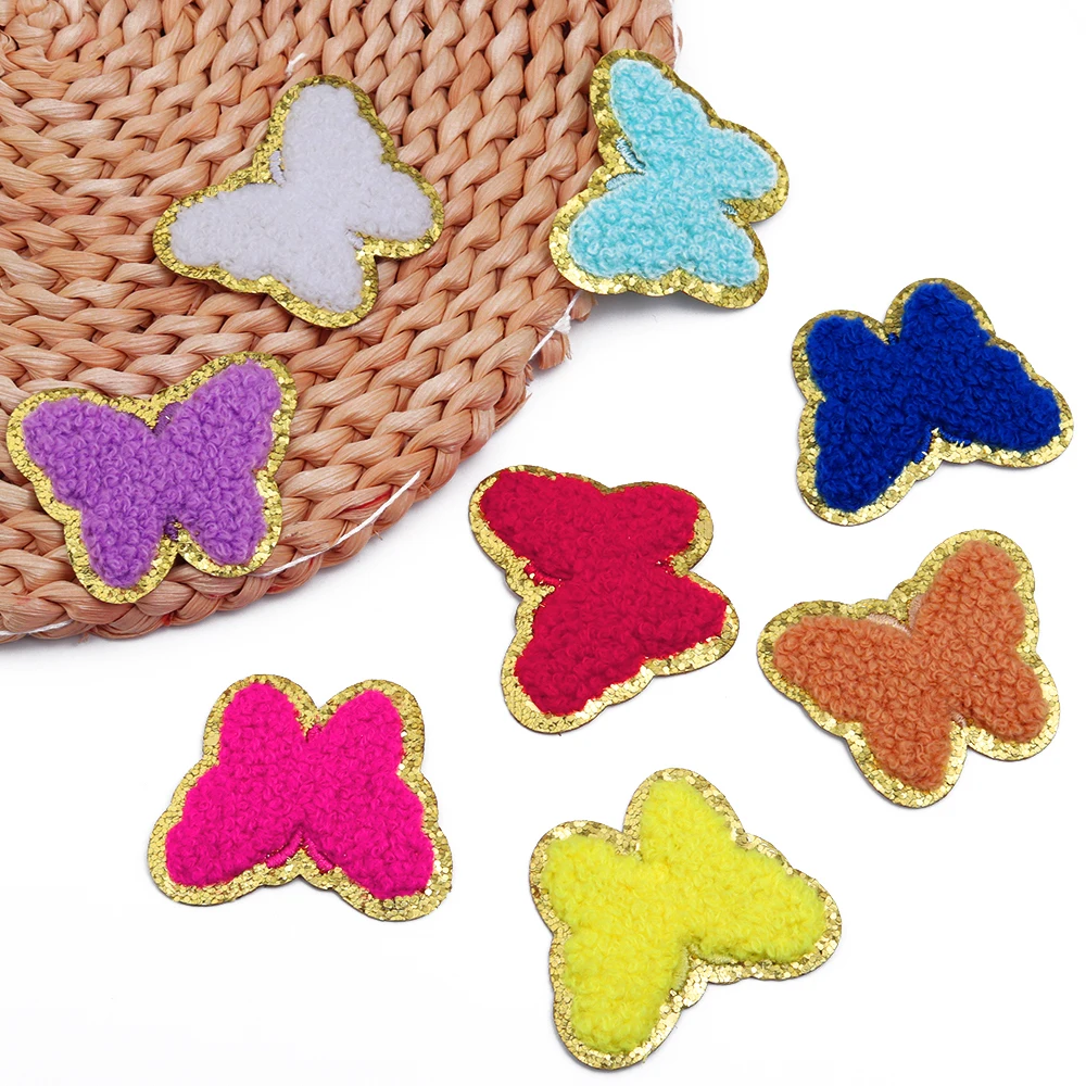 5Pcs/Lot Chenille Embroidery Patches Gold Glitter Edged Patches Butterfly Shape Iron On For DIY Crafts Bags Clothing Decoration