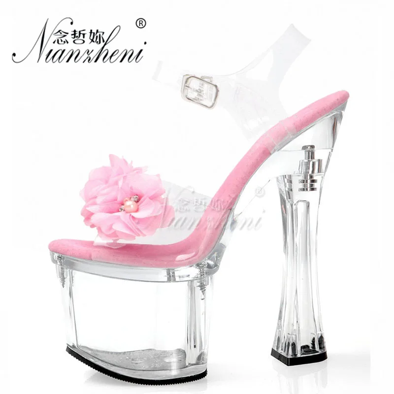 Women's 18CM High Heels Crystal Platform Sandals 5 Inch Square Heel Stripper Pole Dance Shoes Wedding Flower Sweet Dress