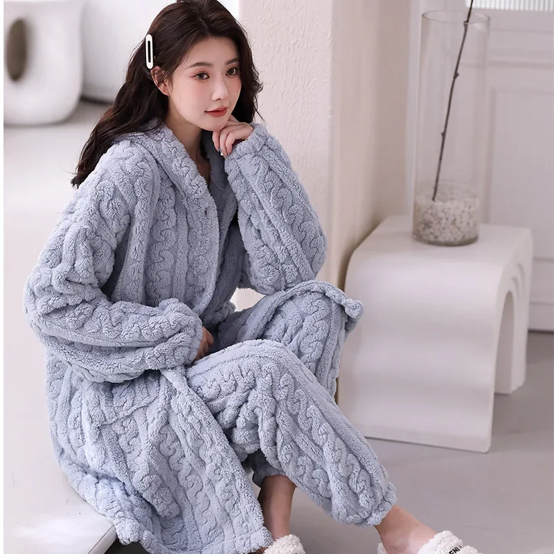 Coral Fleece Hooded Warm Home Wear Set New Sleepwear Autumn Winter Nightgown Flannel Intimate Lingerie Nightwear Sleep Bottoms