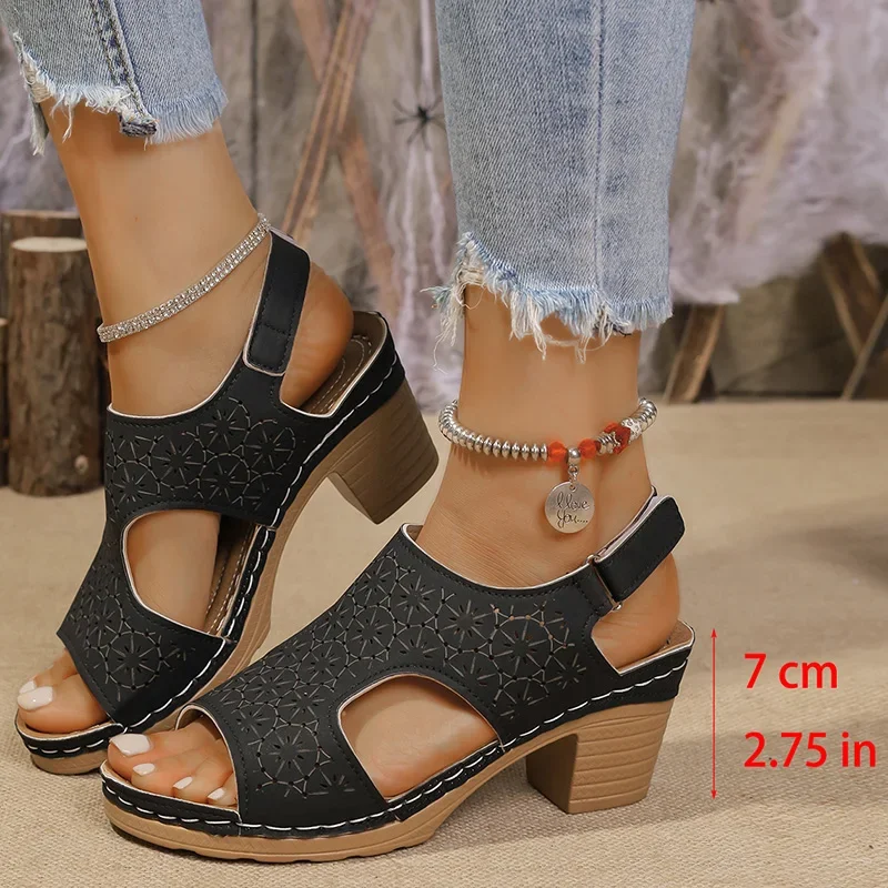 Women High Heel Sandals Summer Hollow Out Women's Shoes Hook Loop Thick Heeled Platform Sandles Casual Anti-Slip Beach Sandals