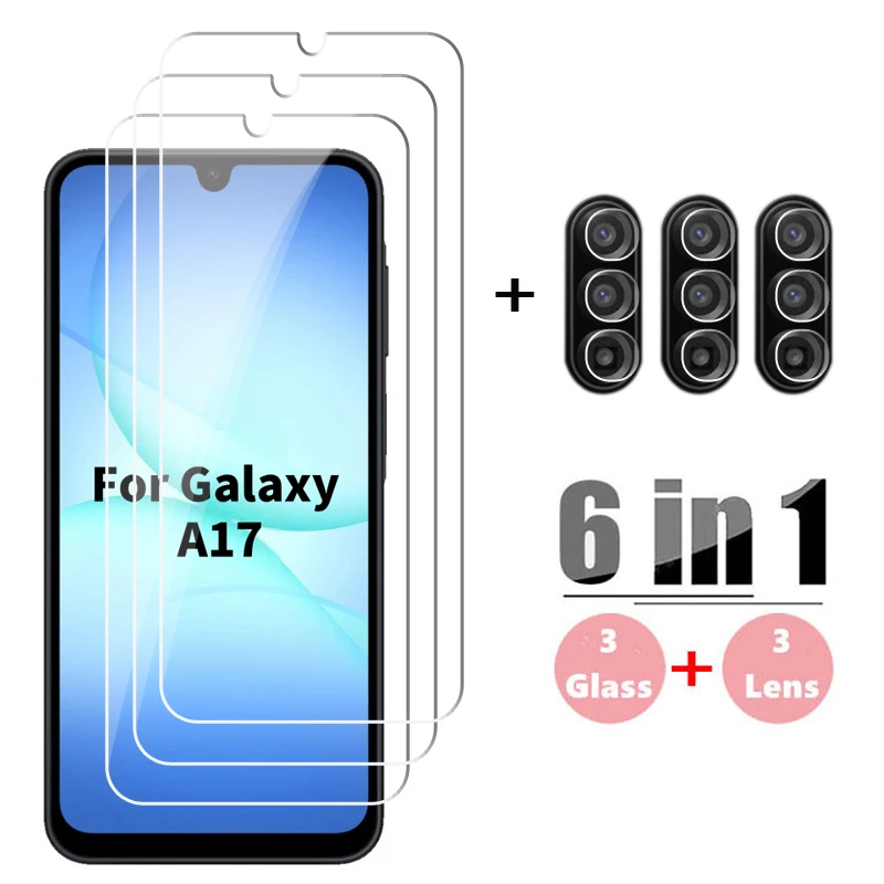 6in1 HD كامل Gule الزجاج لسامسونج غالاكسي A17 حامي الشاشة غالاكسي A17 الزجاج المقسى واقية عدسة الهاتف فيلم سامسونج A17