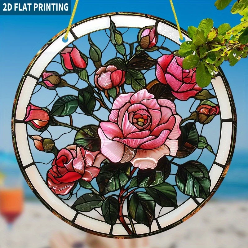 2D Flat - [2D Flat] 1pc Classic Style Acrylic Rose Bouquet Sun Catcher, 19.99x19.99 cm Round Stained Glass Style Window Hanging