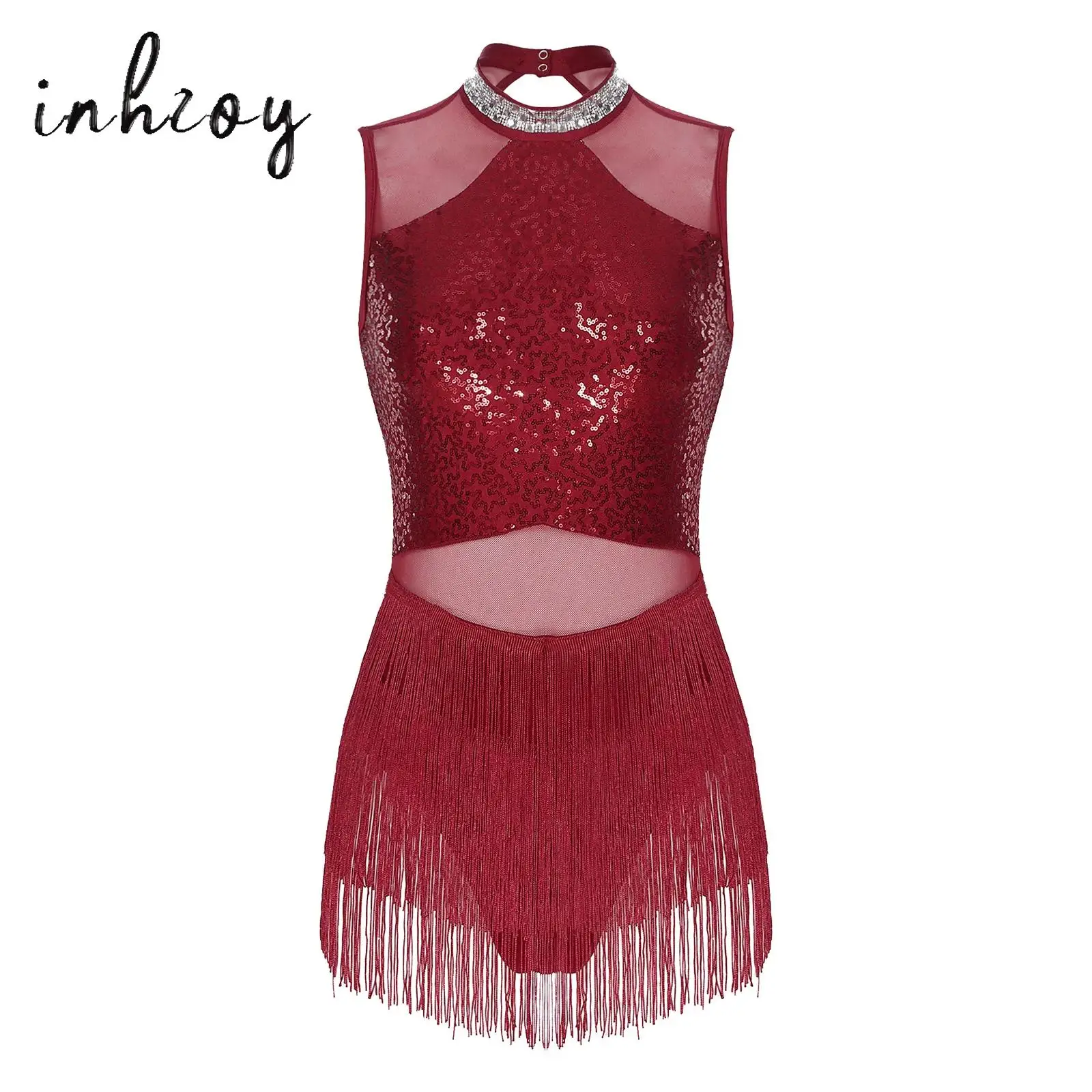 

Womens Fringed Dance Leotard Latin Cha-cha Samba Rumba Tango Bodysuit Tassel Dress Rhinestone Sequin Performance Dancewear