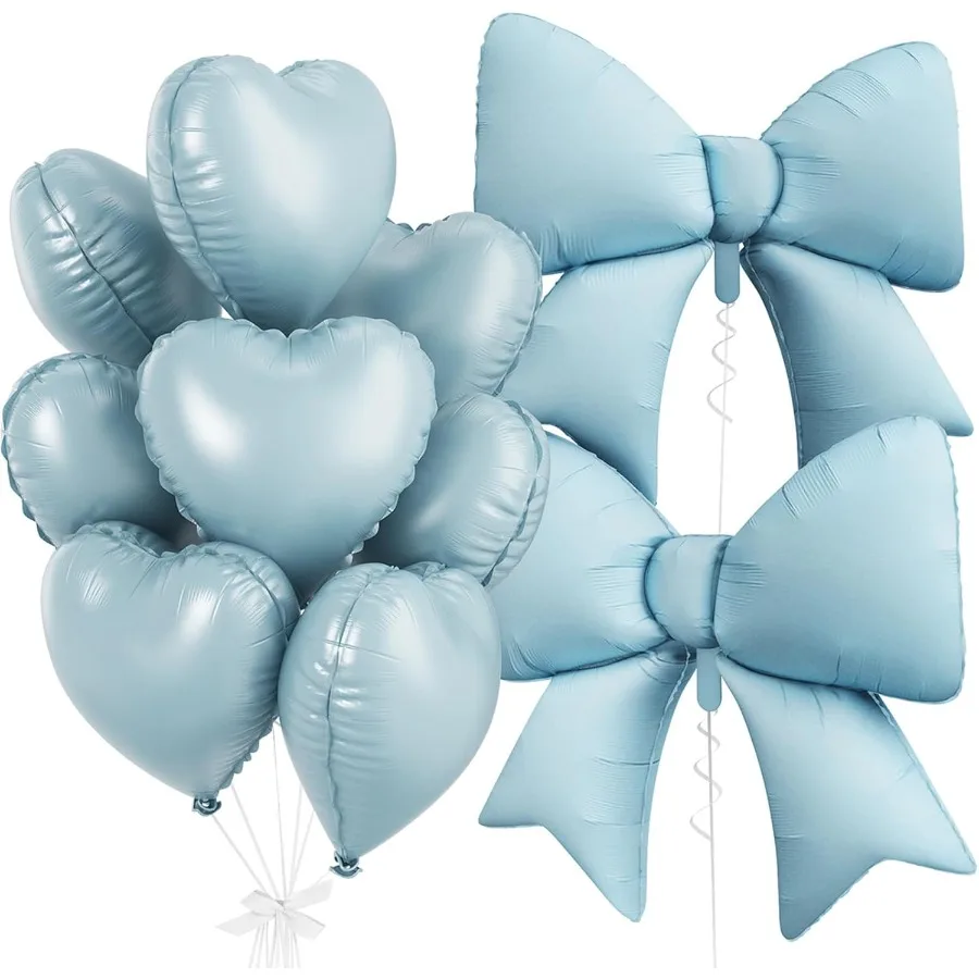 ベビーブルーのハート型バルーン、フォイルボウバルーン10個セット、18インチのハート型バルーンと38インチのヘリウムライトブルーボウフォイルバルーン
