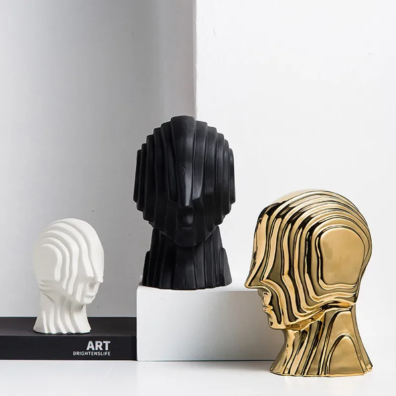 Abstract figure sculpture Ceramic geometric head fringe Golden man alien decorative figurines home decoration accessories