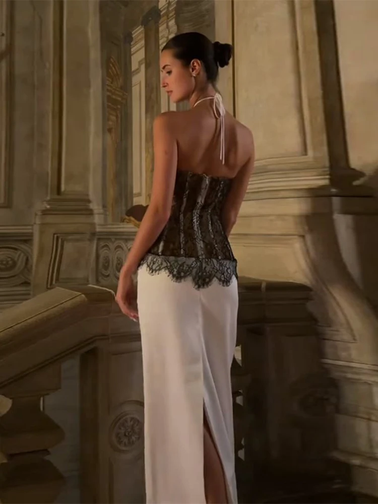 المرأة الدانتيل المرقعة الرسن فستان ماكسي الجوف خارج انظر من خلال فساتين بلا أكمام سيدة جديدة أنيقة موضة مساء رداء حفلات 2025