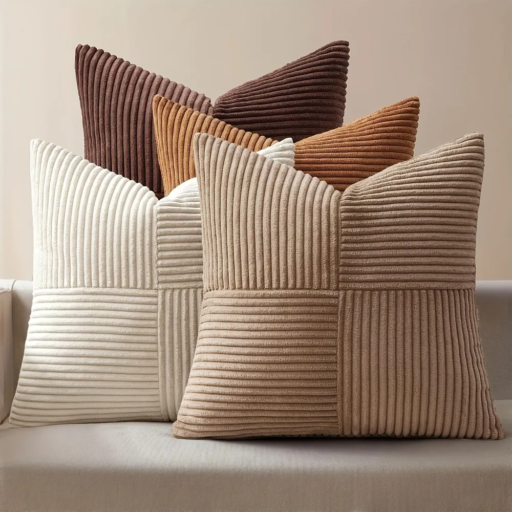 Vintage Corduroy Patchwork Decorative Throw Pillow Covers (18x18 Inch) Soft-Textured Cushion Covers for Home Decor