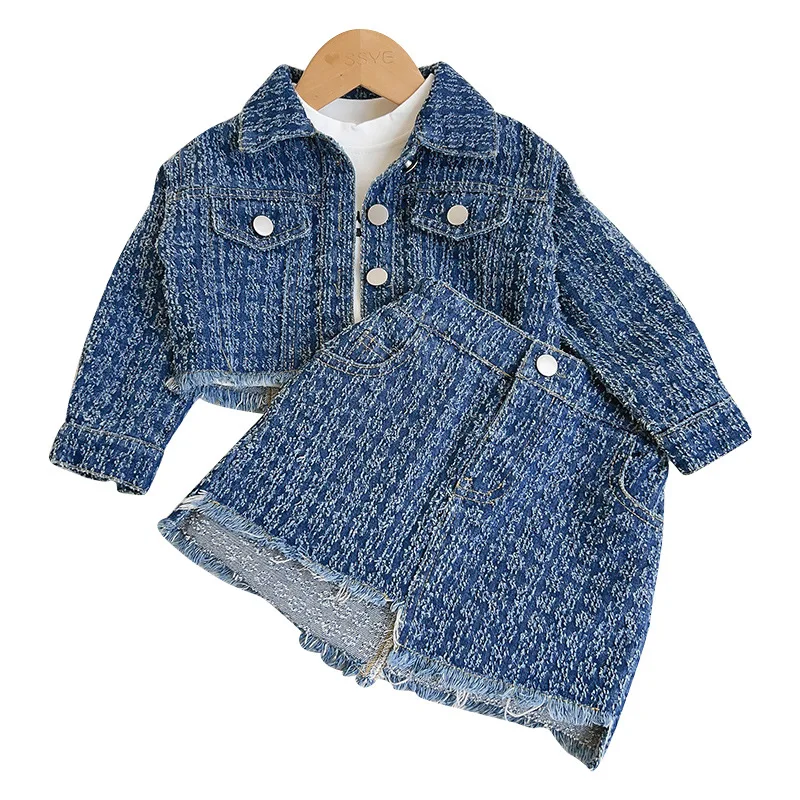 2024Spring and Autumn New Preppy Style Long-Sleeved Girls\' Hong Kong Style Denim Jacket Short Skirt Two-Piece Set