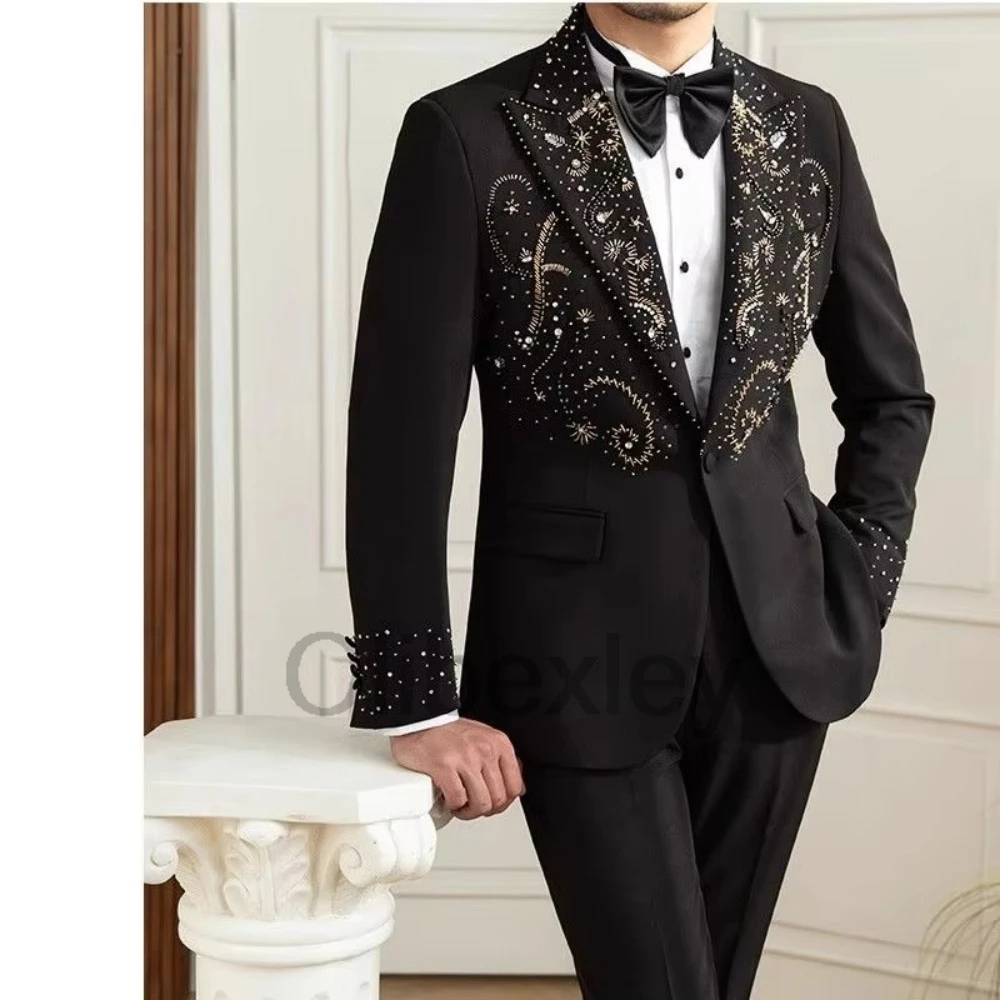 Olibexley Textured Black Two Pieces Beads Men's Suit Party Crystal One Breasted Celebrity Peak Lapel Groom Wear Customized S50
