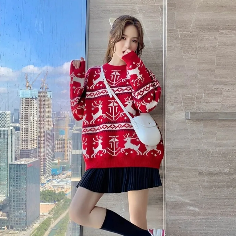 Autumn Winter Loose O-neck Casual Thick Red Christmas Sweaters Women\'s Christmas Vintage Elk Soft Wool Warm Knitted Pullover