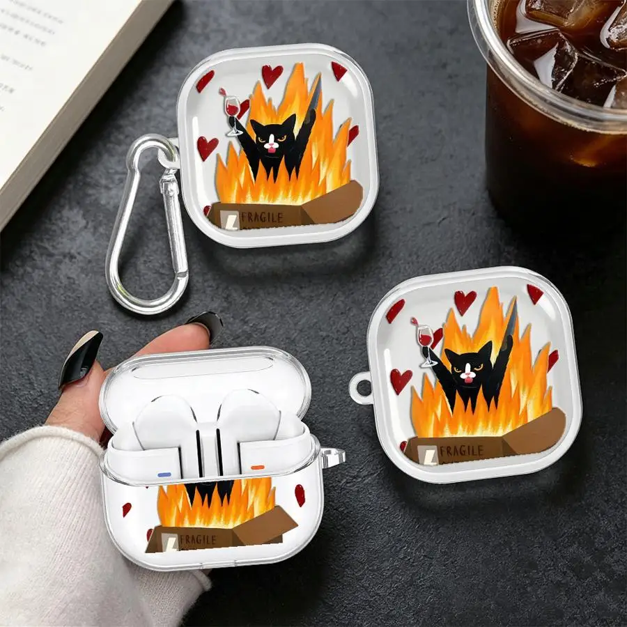 Clear Earphone Cases Cover With Hook Case For Samsung Galaxy Buds 3Pro 4 Pro 3 FE Live 2 4Pro 2Pro Cartoon Cool Cat