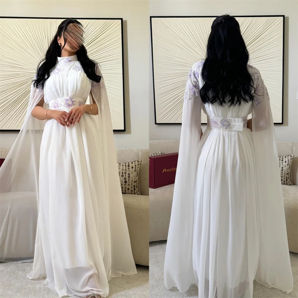 

Customized Saudi Arabia Prom Dress Dearin High Collar A-line Floor Length Skirts Draped Tulle Applique Flower Bespoke Occasion D