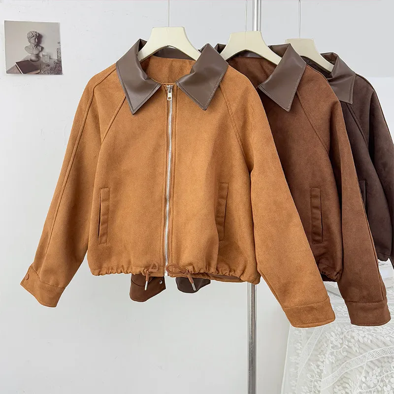 

Винтажная замшевая куртка с вставками для женщин, весна 2026, новый американский стиль, с отложным воротником, длинными рукавами, на молнии, повседневная, свободного кроя, с карманами