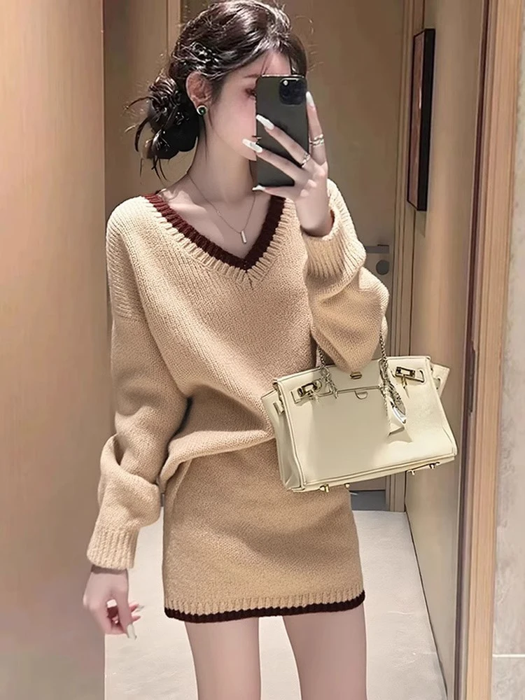 

Корейский вязаный свитер и юбка-карандаш, комплект для женщин, осень-зима, новинка, модный, стройнящий, из двух предметов, с V-образным вырезом, длинный...