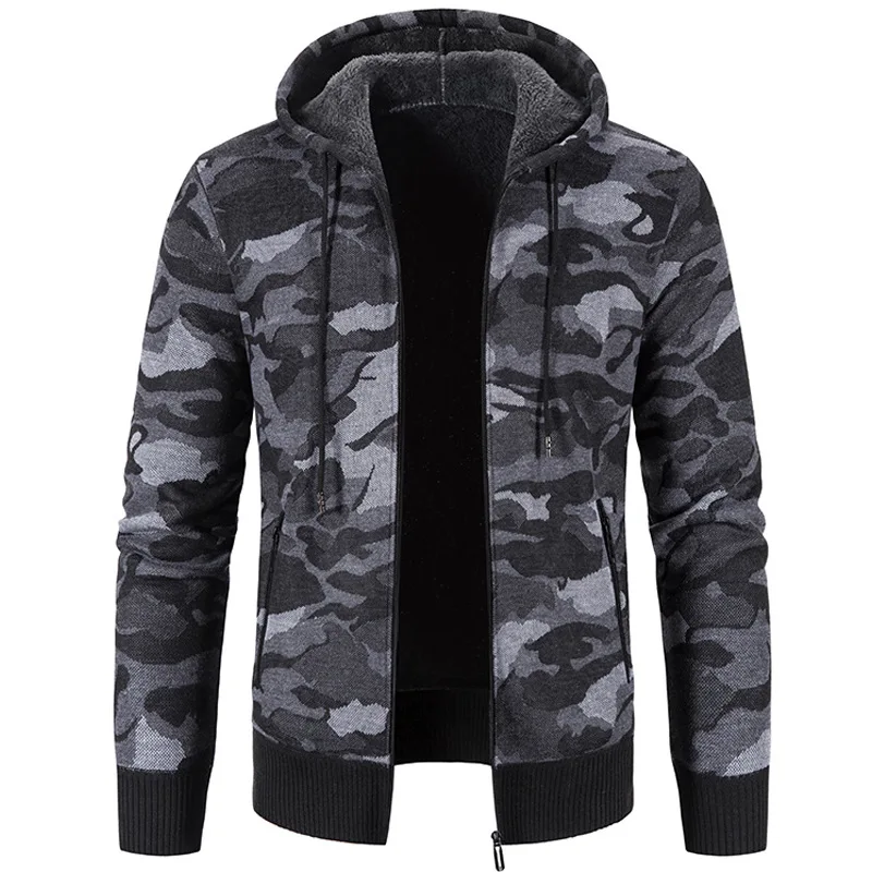 Men Winter Thick Fleece Camouflage Sweater Hooded Cardigan Slim Fit Knitted Sweaters Jacket Male Outwear Warm Sweatercoat