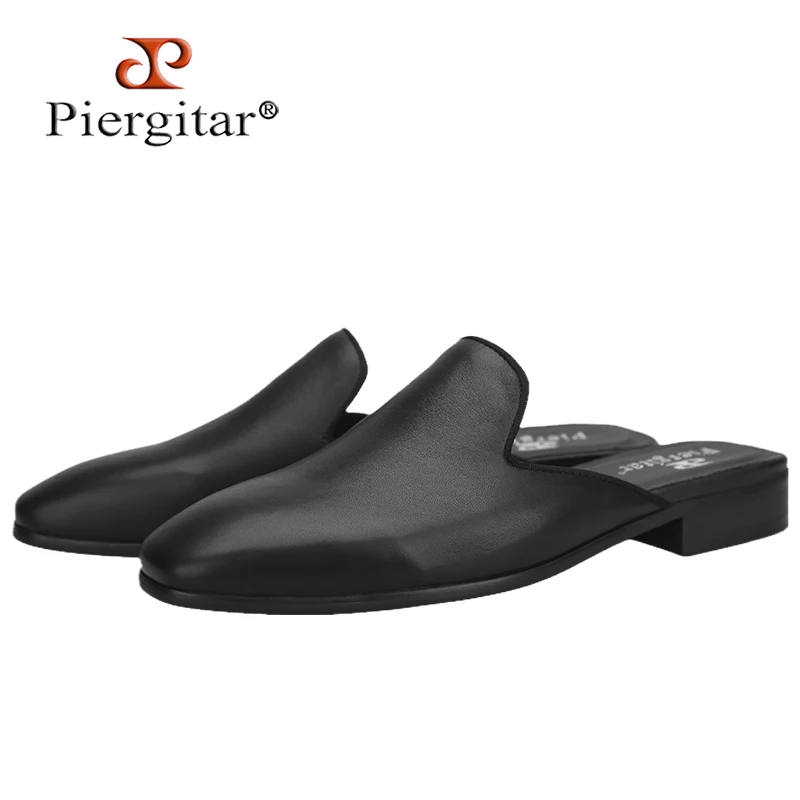 Piergitar New Style Black And Brown Genuine Leather Classic Men's Mules For Fashion Party And Show Smoking Slippes Plus Sizes