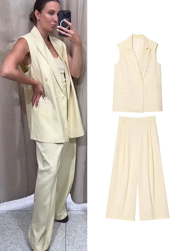 

TFMLN женские шикарные брюки, комплекты из двух предметов, повседневный свободный жилет без рукавов, топ, широкие брюки, костюмы, новинка 2025 года, пригородный офисный комплект