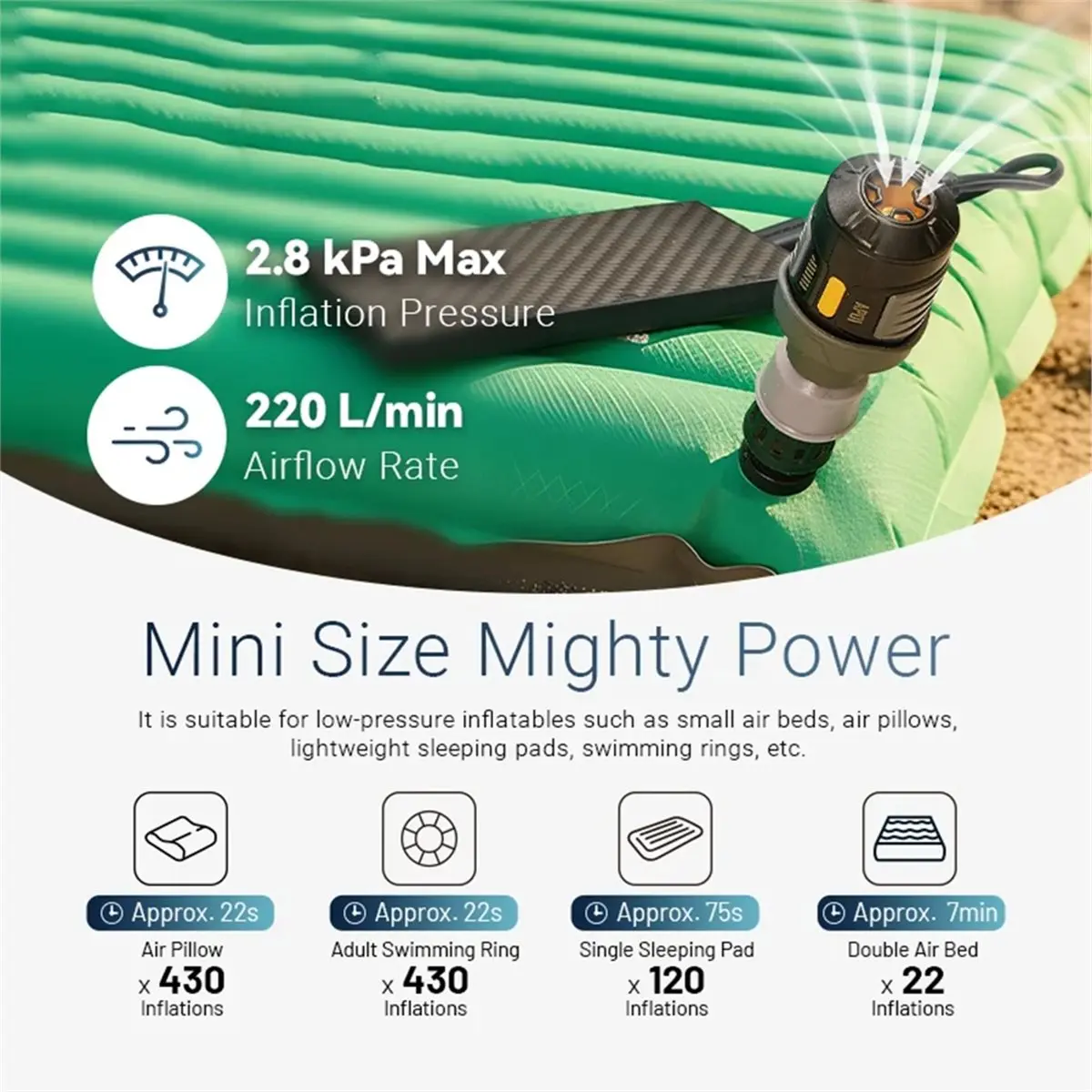 Promotion AP01 Ultra Portable Air Pump 2.8kPa USB-C Inflation Deflation for Air Bed Swimming Ring Camping
