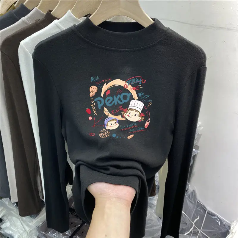 Café Brown Half High Collar Base Shirt Autumn Winter Inner Wear Long Sleeve T-Shirt Fashionable Print Korean Style Slim Fit