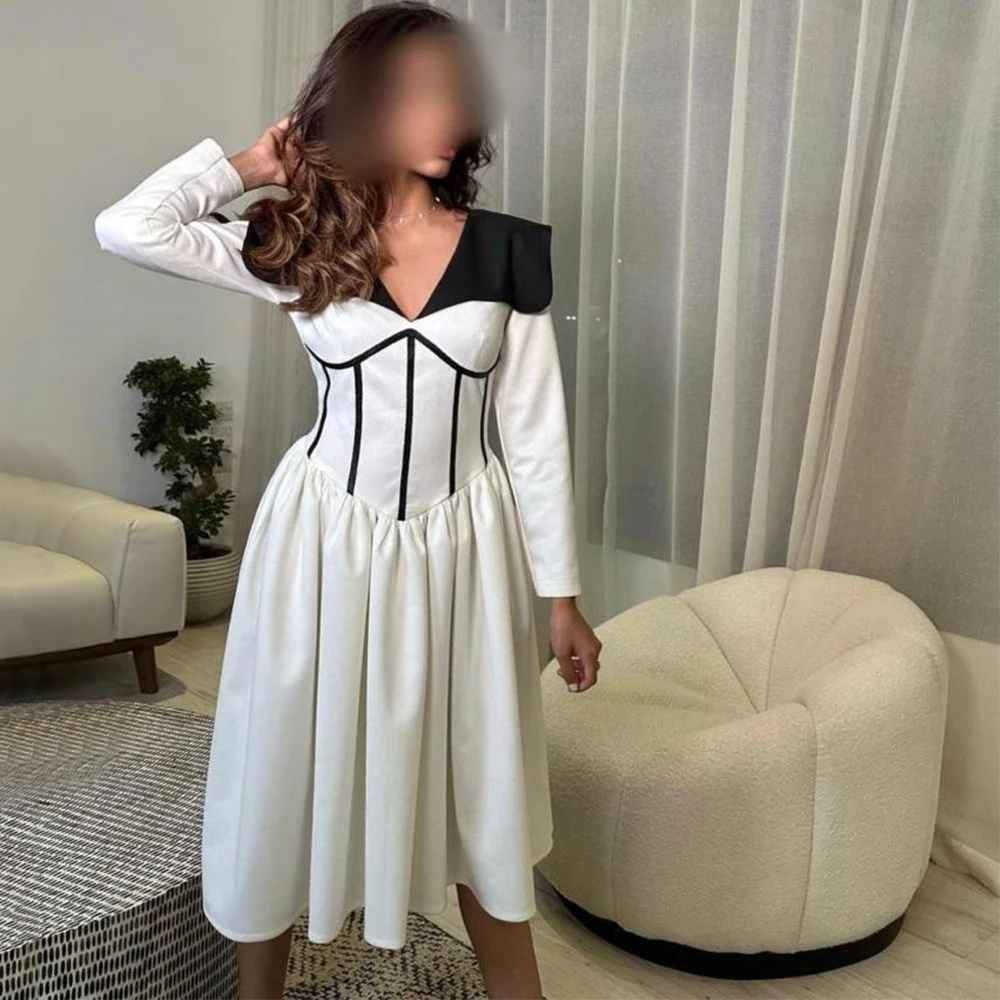 Flechazo Chic Short Evening Dress White and Black V-Neck Long Sleeve A-Line Tea-Length Draped Women Customized Colorful Gowns