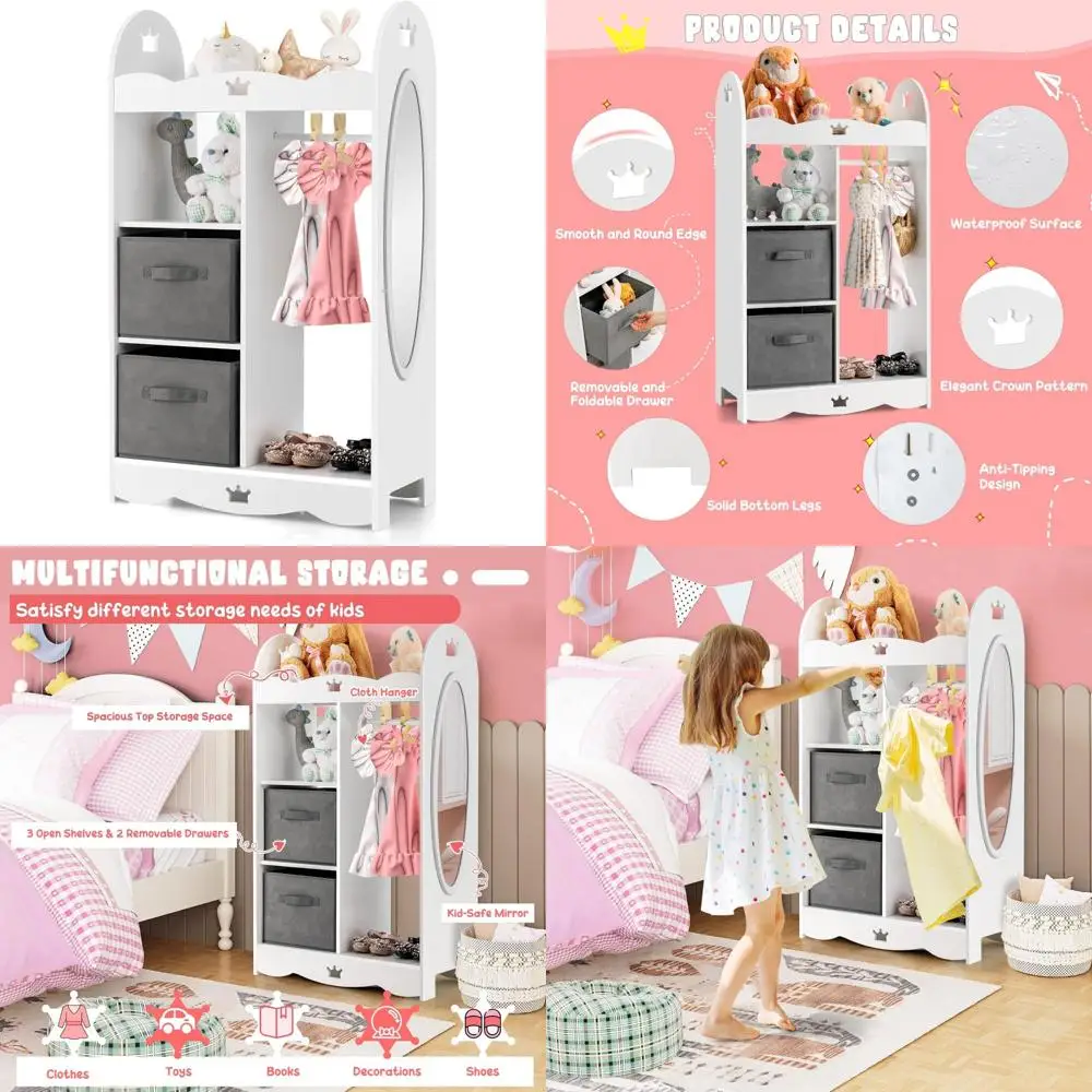 Детский гардероб для хранения с зеркалом и тканевой вешалкой, шкаф-комод для малышей, милые узоры с коронами, Preten