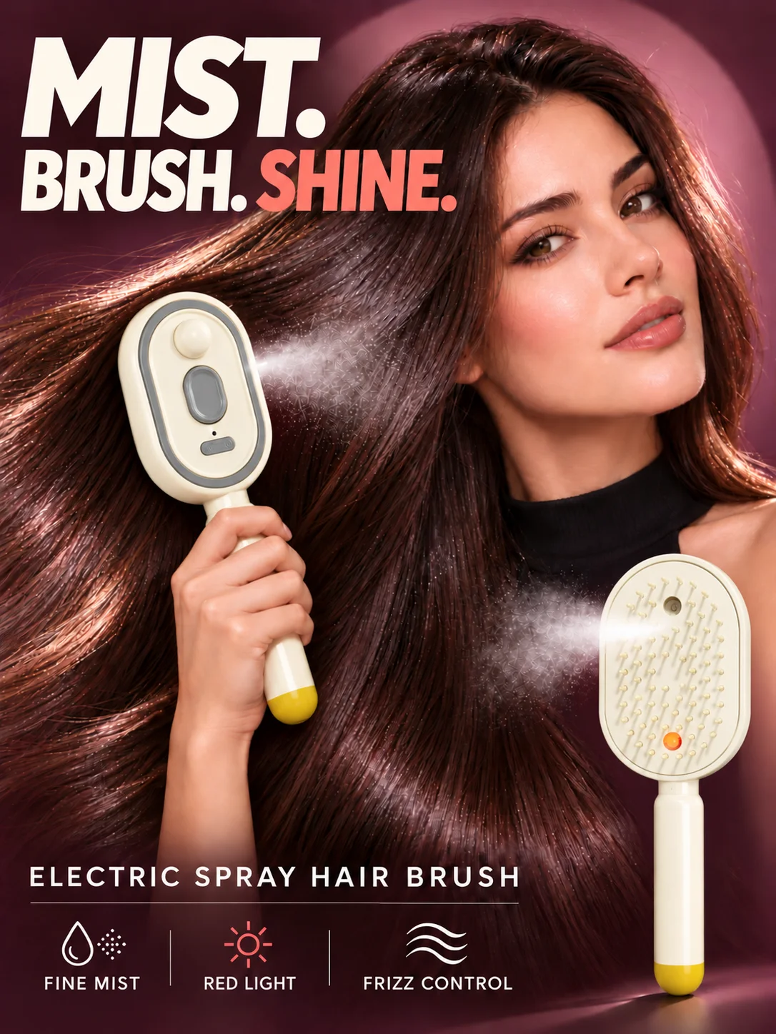 Electric Spray Hair Brush with Fine Mist & Red Light, Anti Frizz Smoothing Comb for Flyaway Control and Sleek Hair