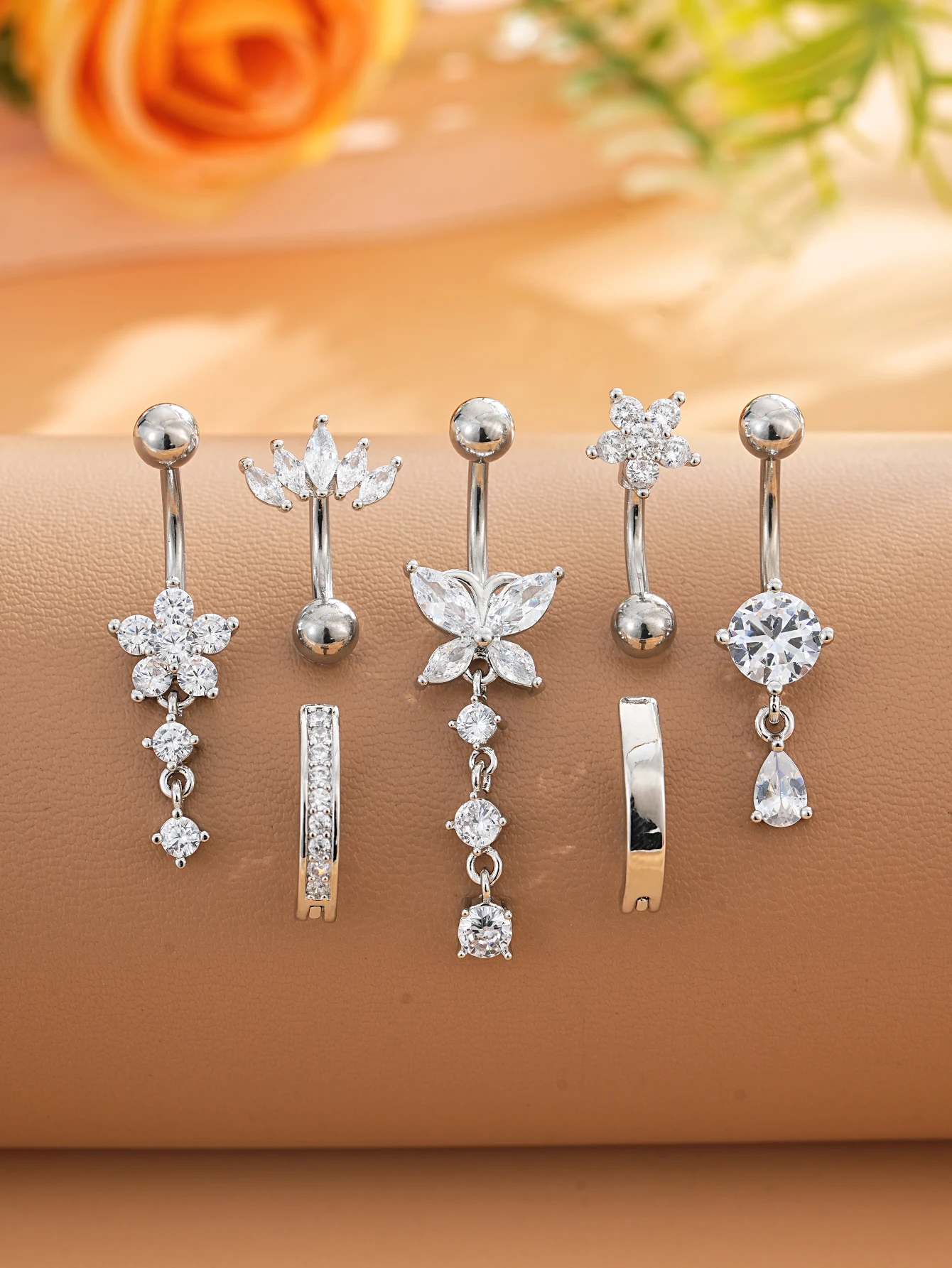 3-8 Stück/Set Gemischte Bauchnabelpiercing-Sets Lange Hängende Gebogene Bauchnabelringe Nombril Ombligo Damen 14G Schmetterling Bauchnabelpiercings