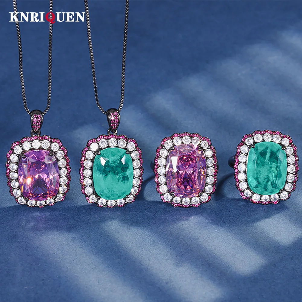 

Vintage 12*16mm Lab Pink Quartz Emerald Ring Pendant Necklace for Women Gemstone Cocktail Party Wedding Fine Jewelry Sets Gifts