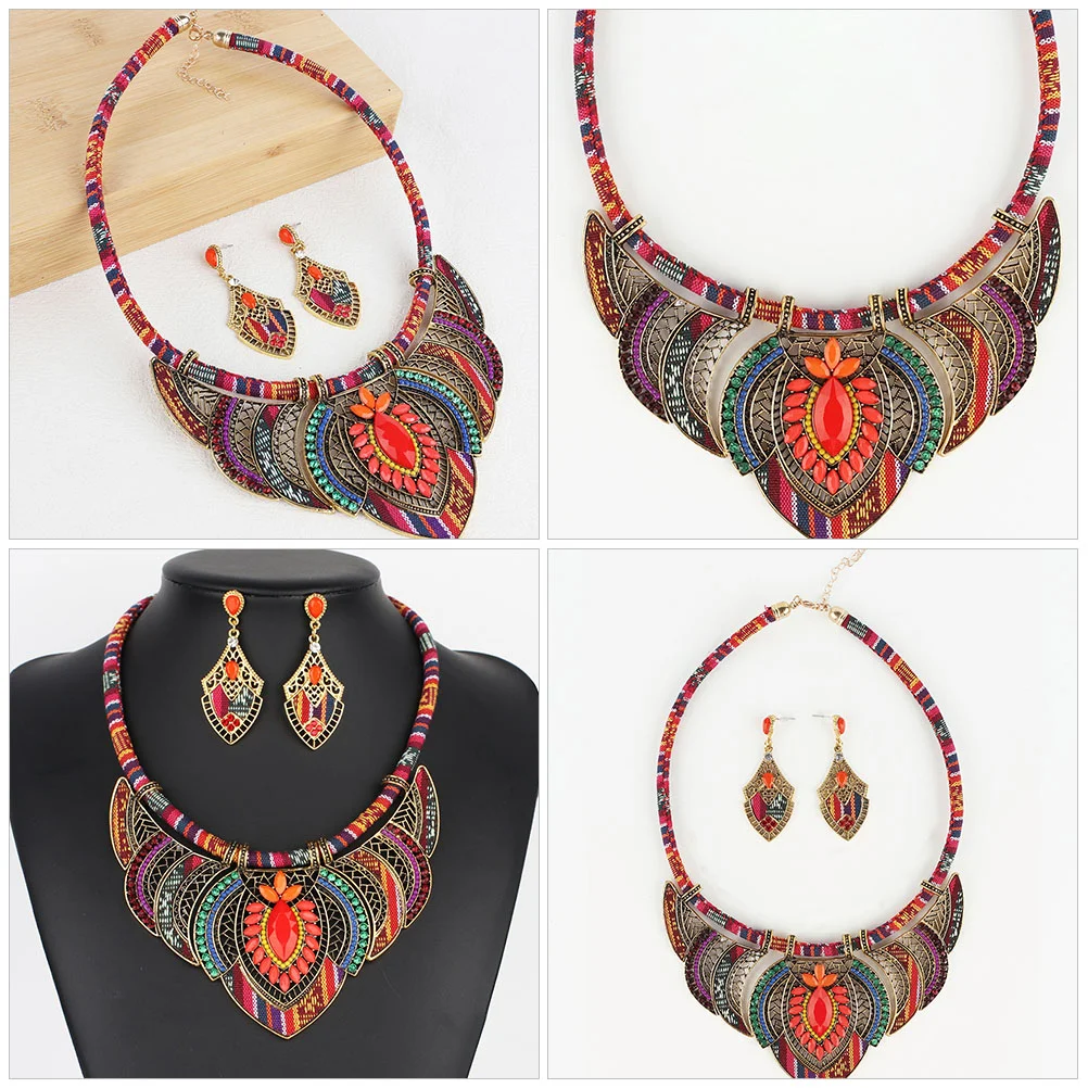 Bohemian Necklace Vintage Style Jewelry Set Women Earring Catwalk Premium Material Hook Earrings Pendant Cloth Rope Alloy