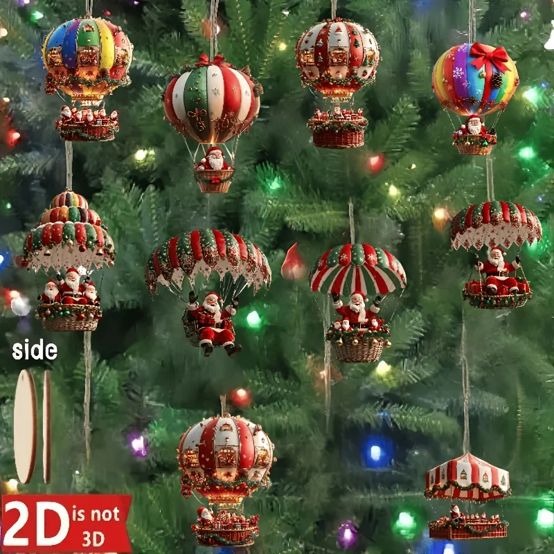 Ciondolo piatto in legno 2D Palloncino ad aria calda in legno di Natale Babbo Natale Decorazione dell'albero di Natale Decorazione regalo di festa 10 pezzi / borsa